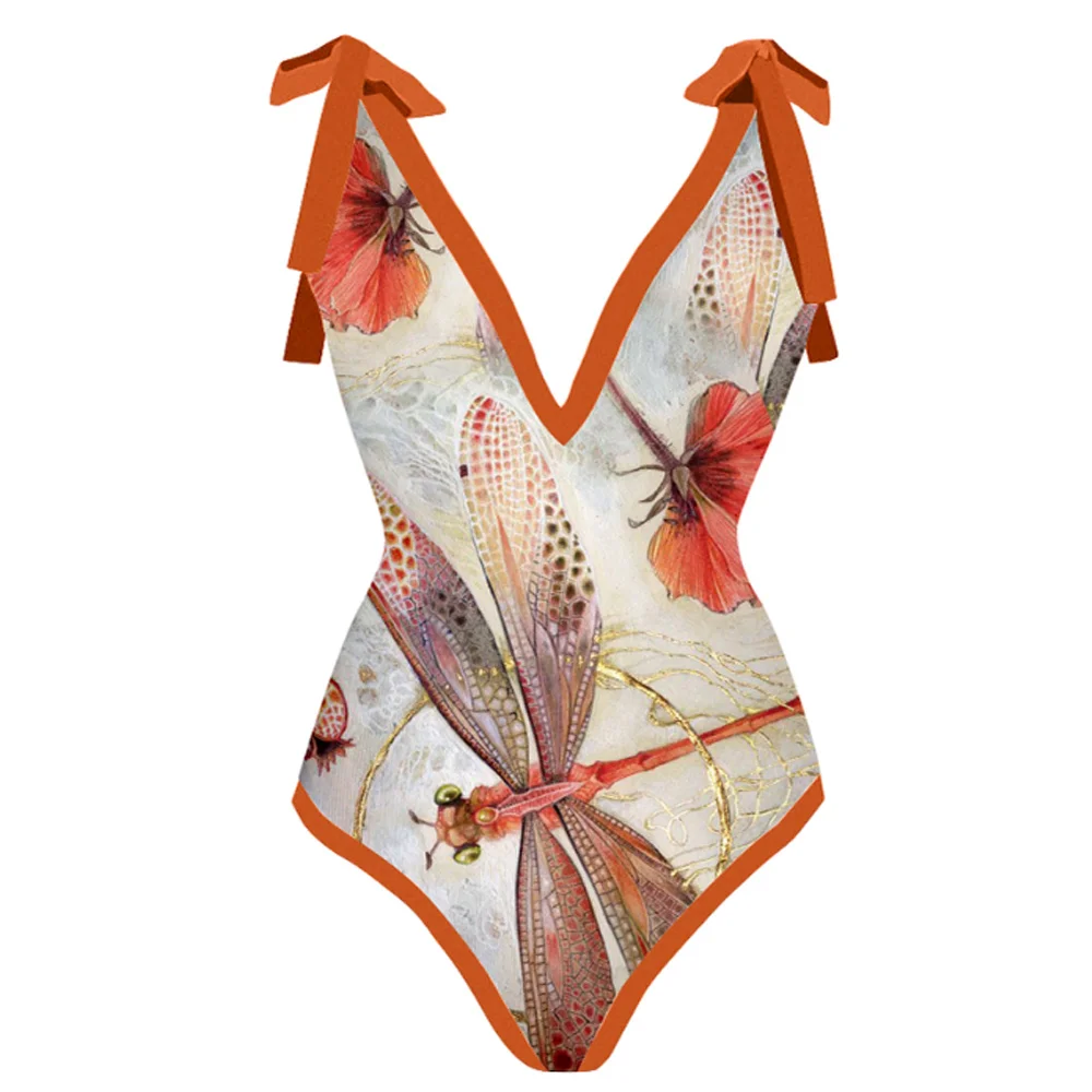 Frauen Ein Stück Badeanzug & Rock Orange Druck Weibliche Retro Bademode Urlaub Strand Kleid Designer Badeanzug Sommer Surf Wea