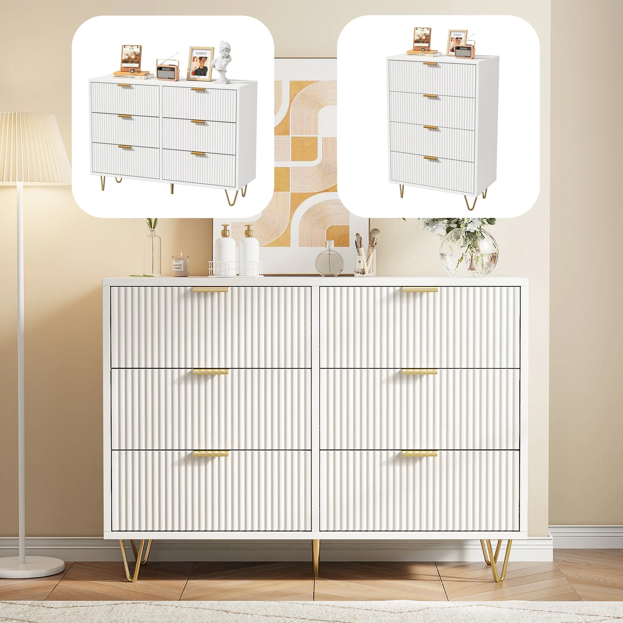 Anajqaqia Commode moderne, armoire de rangement avec tiroirs et poignées dorées, pour salon et chambre à coucher, blanc