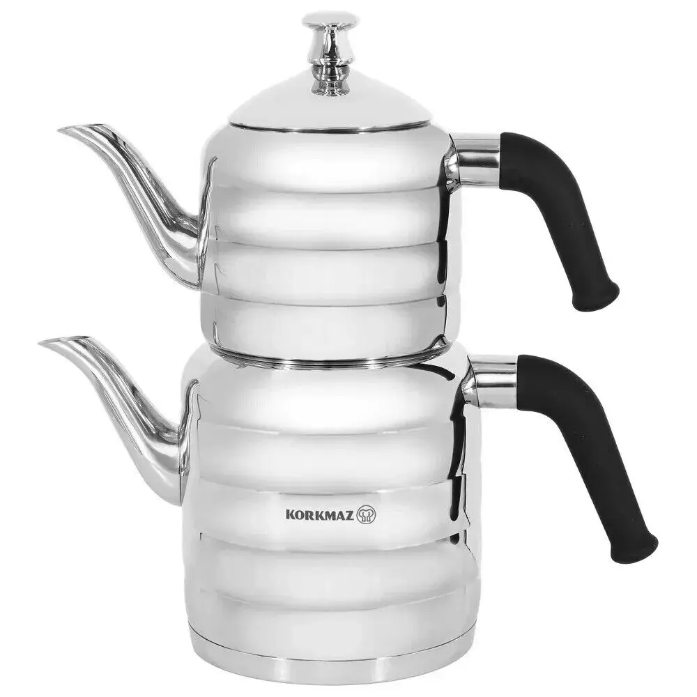 

Korkmaz Mina Turkish Teapot Set 2.4/3.1L Stovetop Stainless Steel Double Lid Tea Maker with Ergonomic Handles