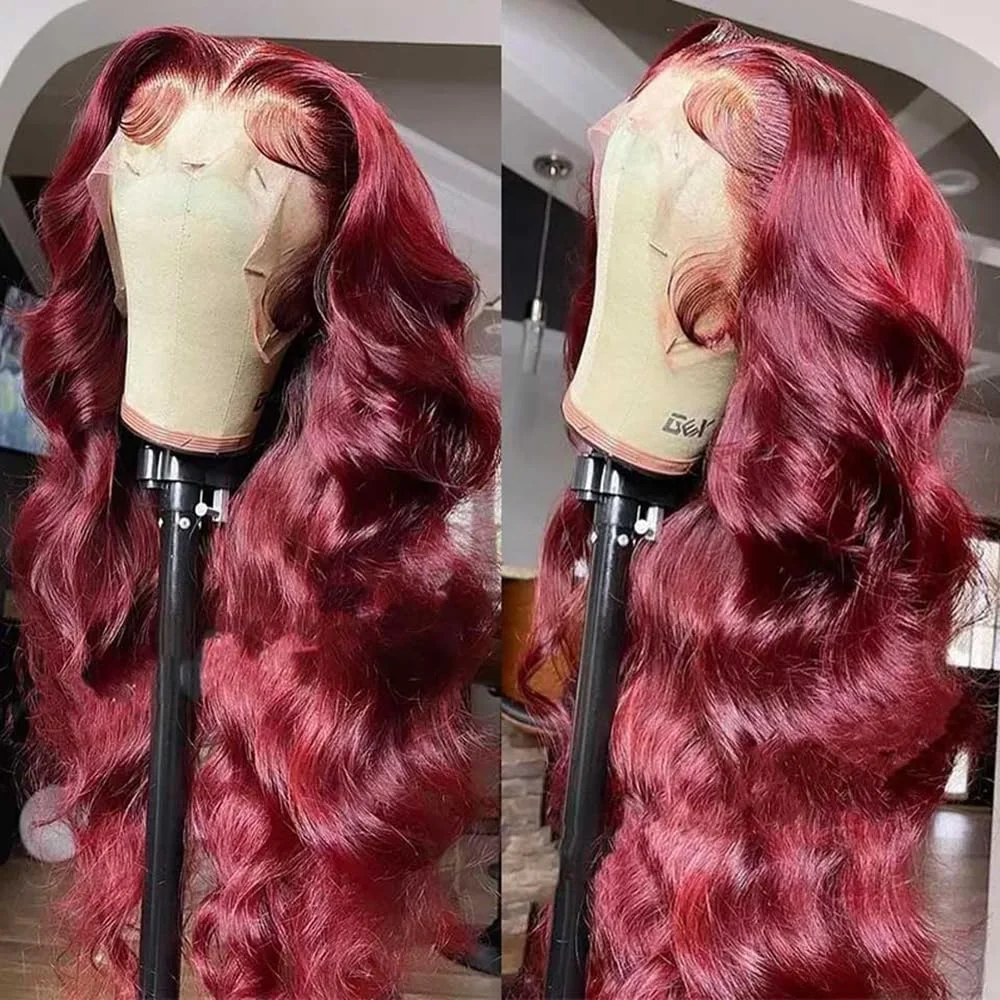 Wig Burgundy Rambut Asli 200% Density 13x4 99j Body Wave Lace Front Wig Rambut Asli Pre Plucked Wig Pendek untuk Wanita Tanpa Lem