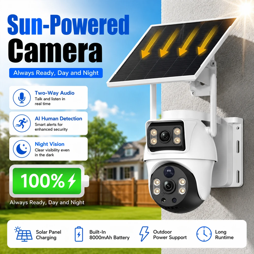 8MP 4G Solar Camera Dual Lenses Outdoor 4K HD Low Power Battery IP Camera PIR Color Night Vision Security Protection