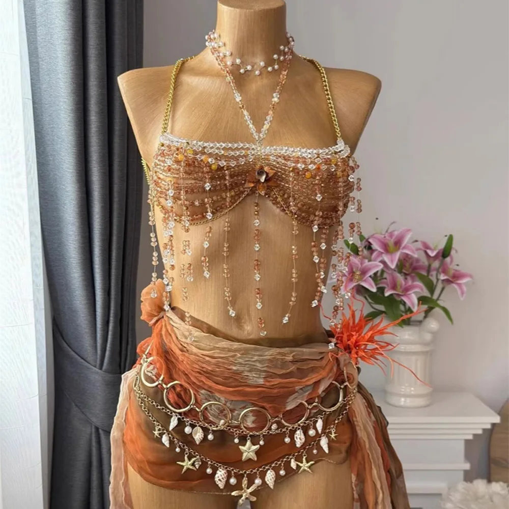 Handmade Goddess Jewelry Y2K Beaded Bra Coquette Summer Beach Photoshoot Top Fashion Rave Wear Brown Crystal Beaded Crop Top New