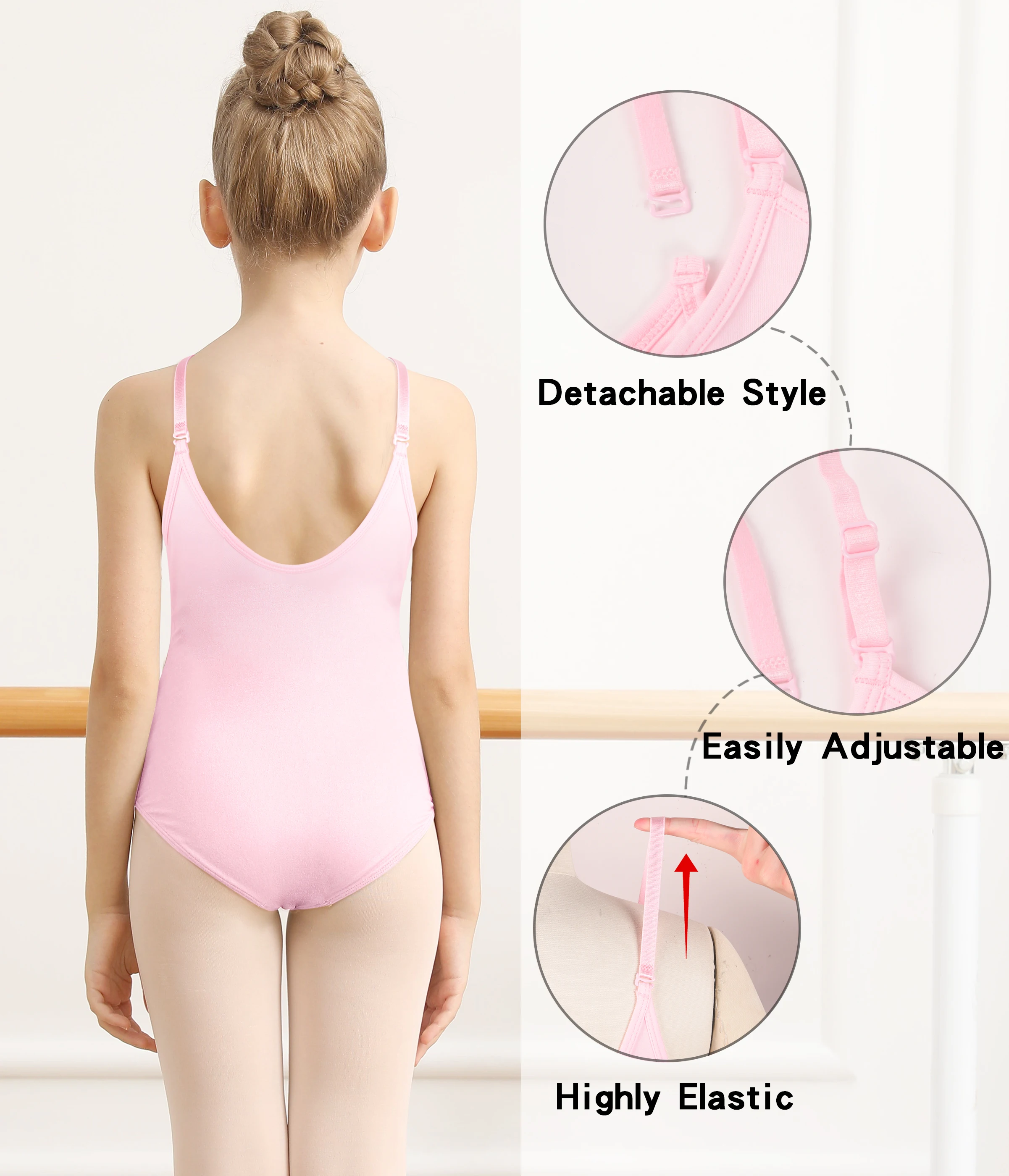 Girls Camisole Dance Leotard for Ballet, Adjustable Detachable Clear Straps, Full Front Lining