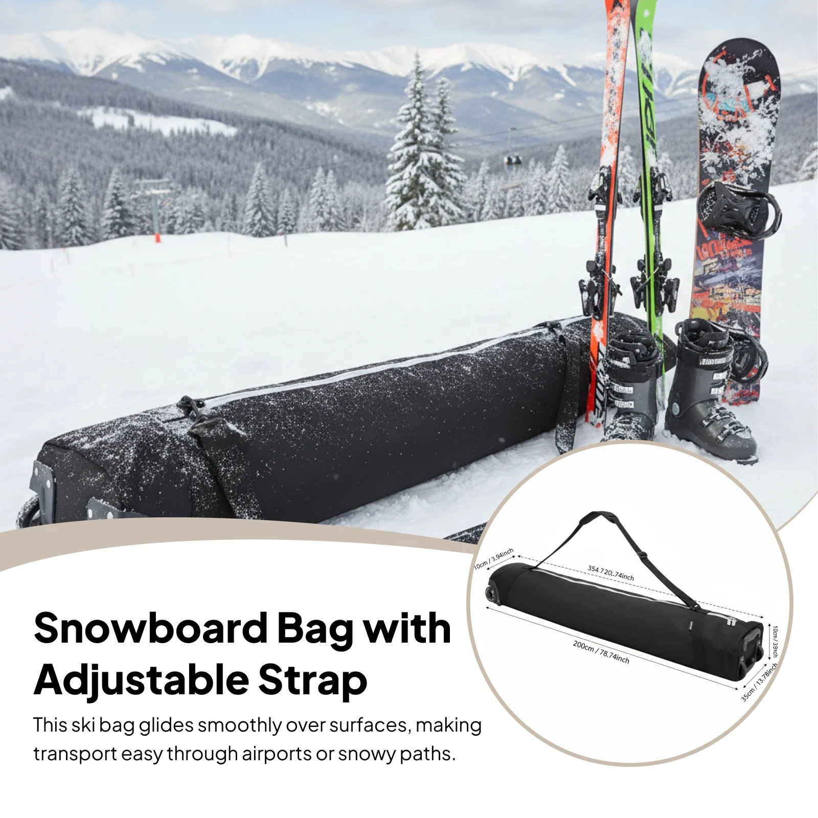

Ski Bag Snowboard Bag w/ Wheels Adjustable Strap Ski Equipment Bag Ski Travel Bag Carrying Bag for Snowboarding Sport