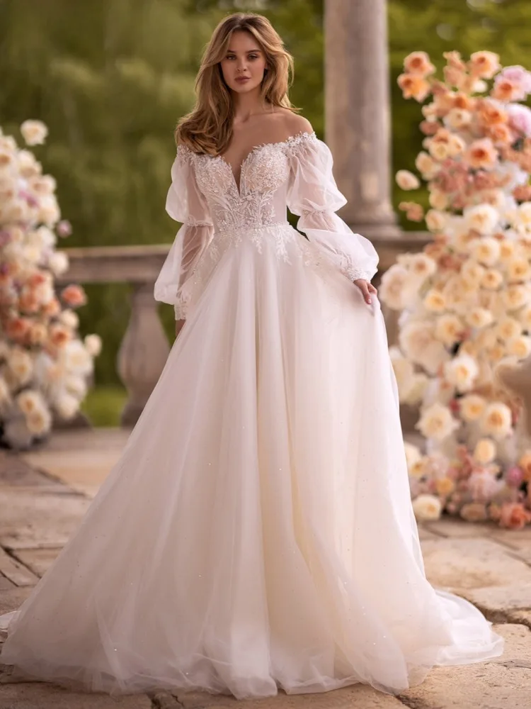

Elegant Sheer O-neck Wedding Dress Long Puffy Sleeves Appliques Backless Boho Bridal Gown Vestido De Novia