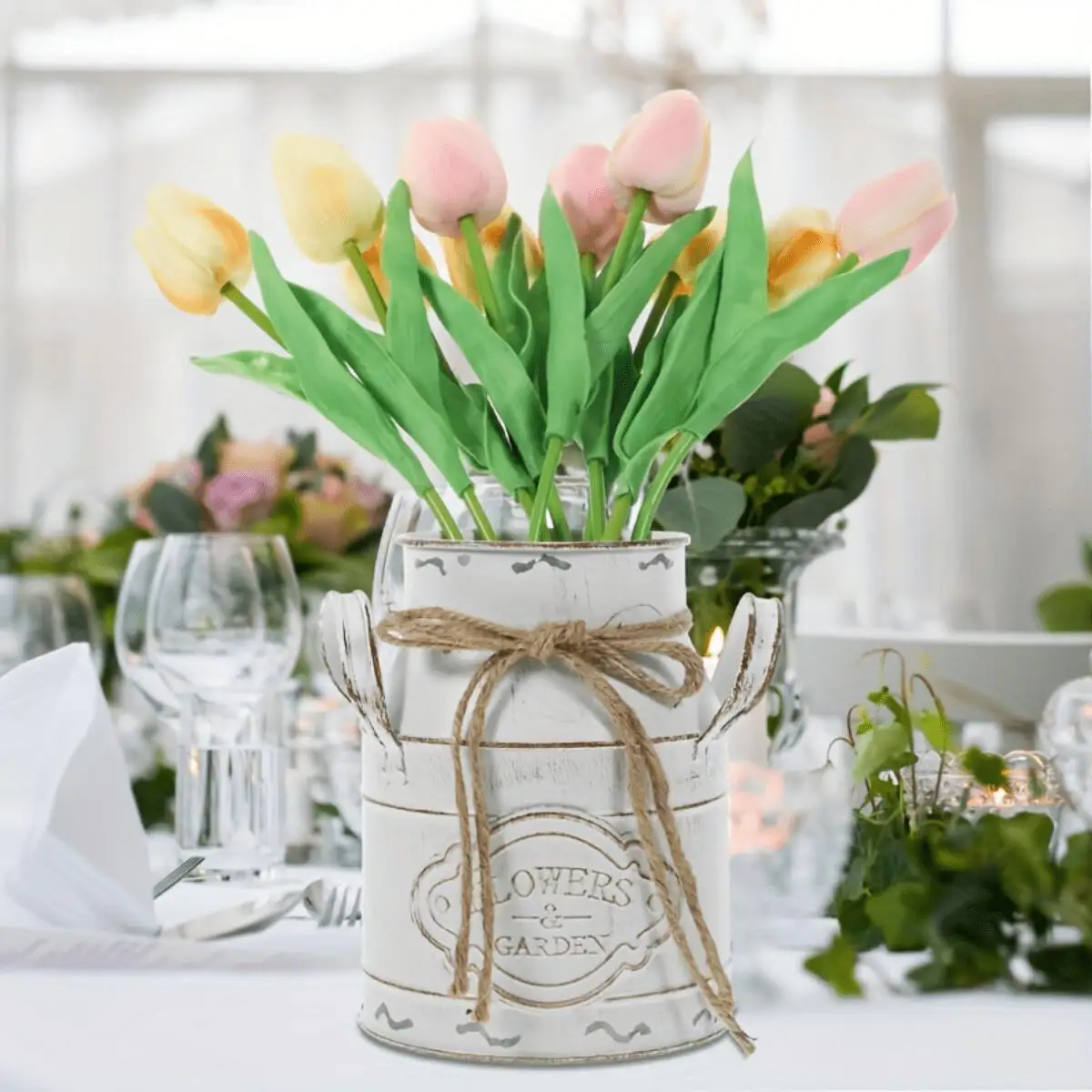 1 Stück Vintage Metall-Milchkanne Vase |   15,24 cm Blumenvase mit „Blumen & Garten“-Design, Kordel-Schleifenakzent, perfekt für Zuhause, Wohnzimmer oder Bürodekoration, aus Eisenmaterial