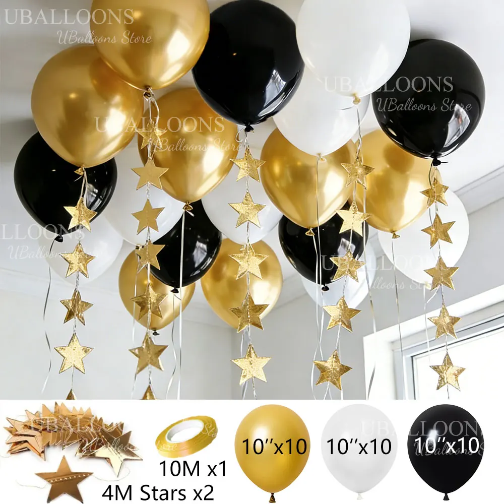 33-teiliges Set Weiße, Silberne und Schwarze Luftballons mit Sternengirlande, Funkelnde Hängende Ballons für Geburtstag, Hochzeit, Babyparty-Dekoration – Detail 7
