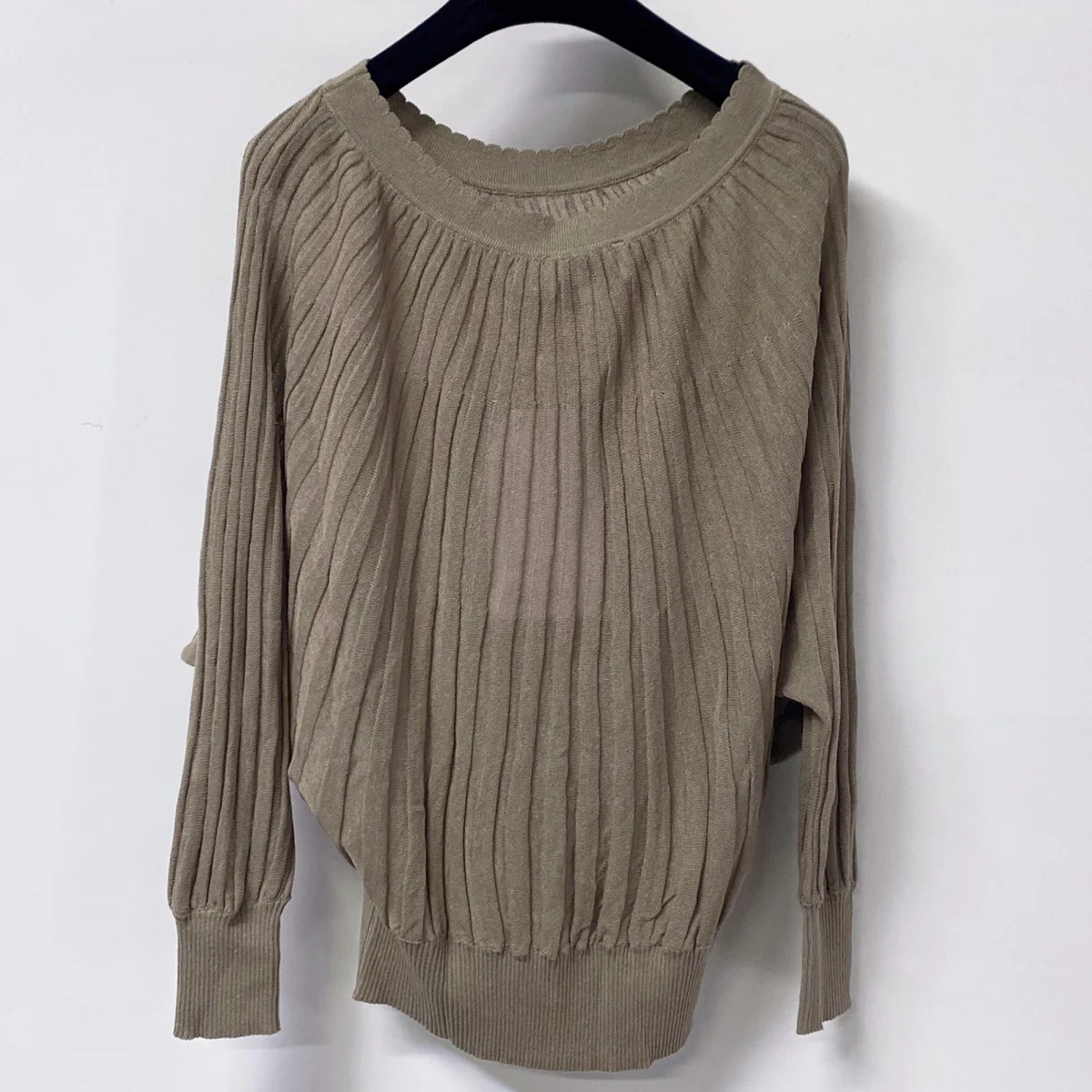 2026 Women Scallop Neck Batwing Long Sleeve Knit Top Vertical Ribbed Loose Thin Knitted Blouse lyt2671488
