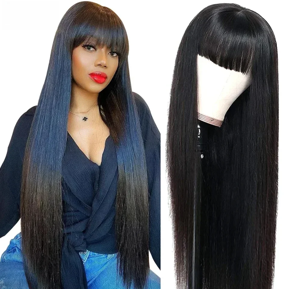 ISEEHAIR Machine Gemaakt Naai In Pruik Menselijk Haar Rechte Pruik Maleisische Rechte Pruik met Bang Natuurlijke Kleur Voor Vrouwen Pruiken Geen Lijm - afbeelding 2
