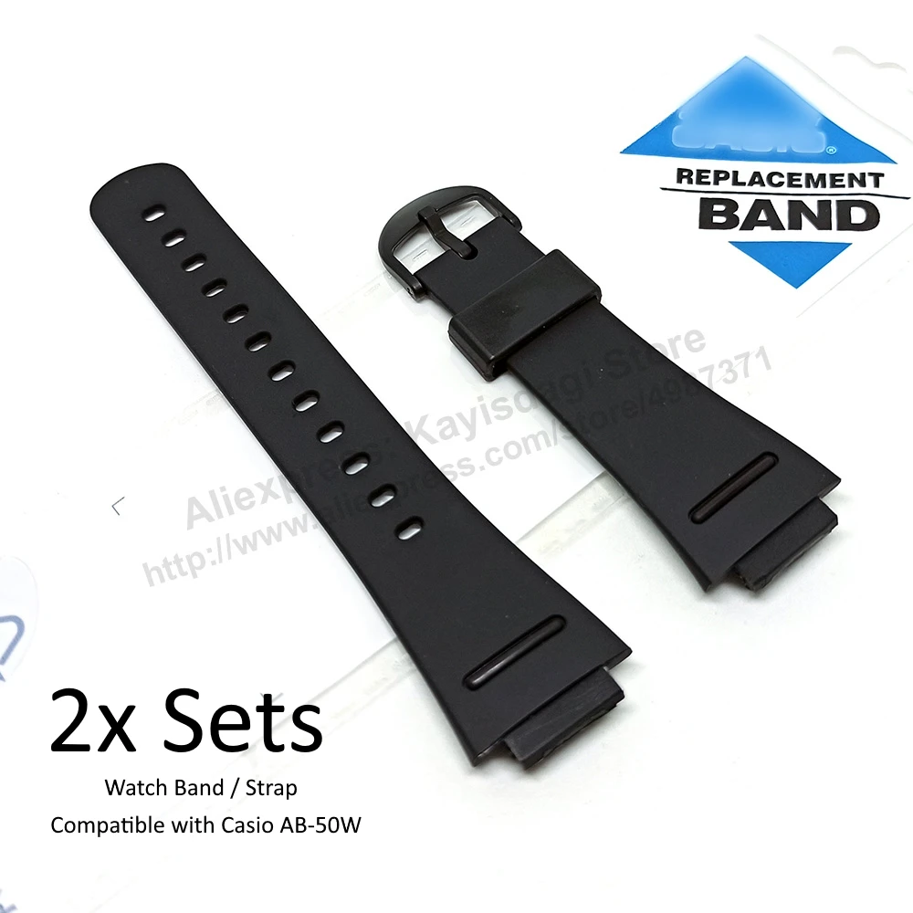 2x SETS Black Rubber Watch Bands Straps Fits with Casio Databank AB-50W , AB-50