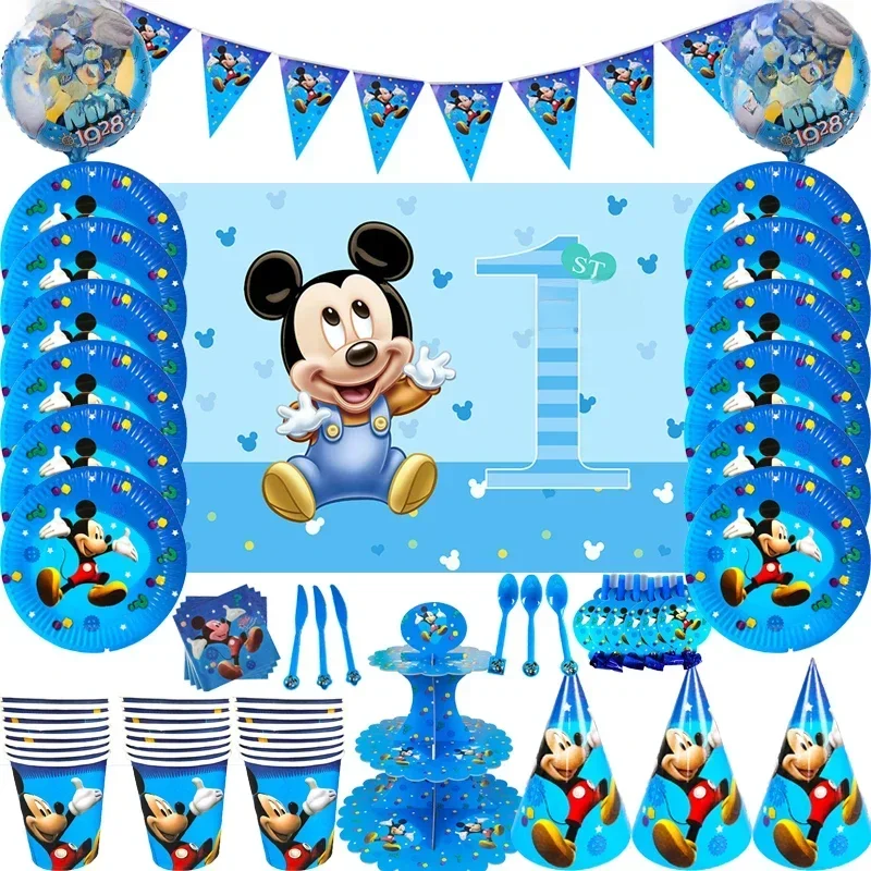 Fournitures de fête à thème Mickey Mouse bleu, décoration de fond d'anniversaire pour filles, tasse, assiette, couteau, fourchette, cuillère, couverts jetables
