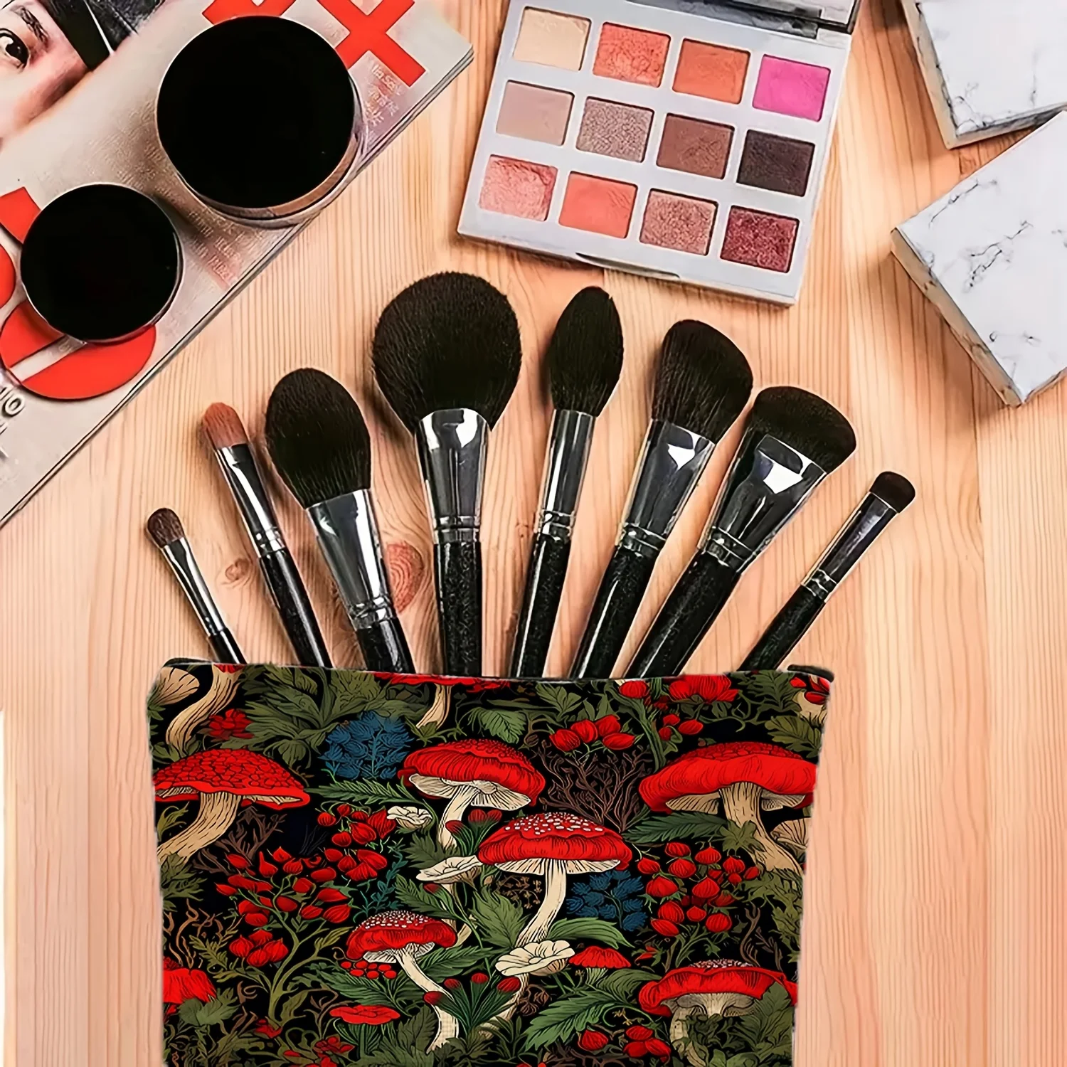 1Pc Bright Red Mushroom Retro Design Makeup Bag, Snack Storage Bag, Stationery Storage Bag, Fashionable Toiletry Bag, Canvas Double-Sided Printing, Multifunctional Travel Storage Bag view 2