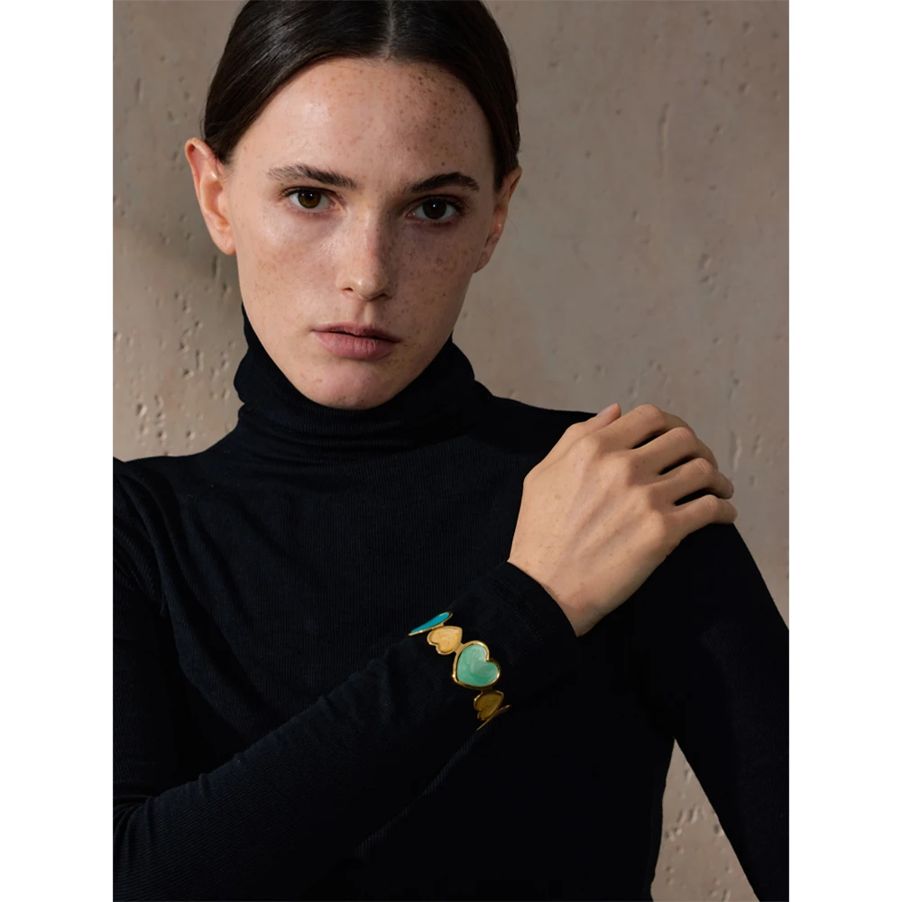 Yhpup Candy Colorful Enamel Heart Love Cuff Sweet Bracelet Bangle for Women Stainless Steel Golden Trendy Y2K Exquisite Jewelry
