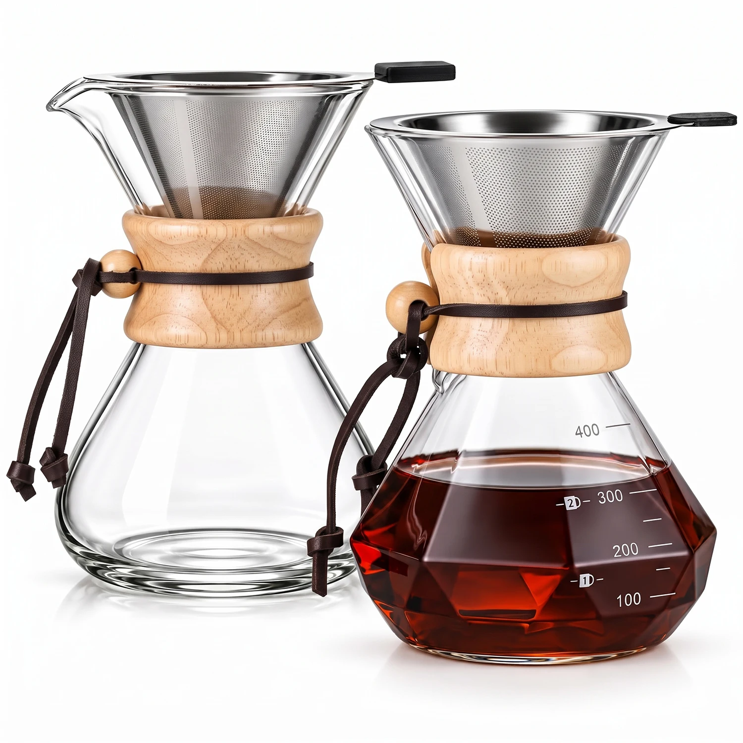 Leeseph Pour Over Coffee Maker Set, Classic Style, 304 Stainless Filter & Wooden Collar, 400/600/800ml(13.5/20/27oz)