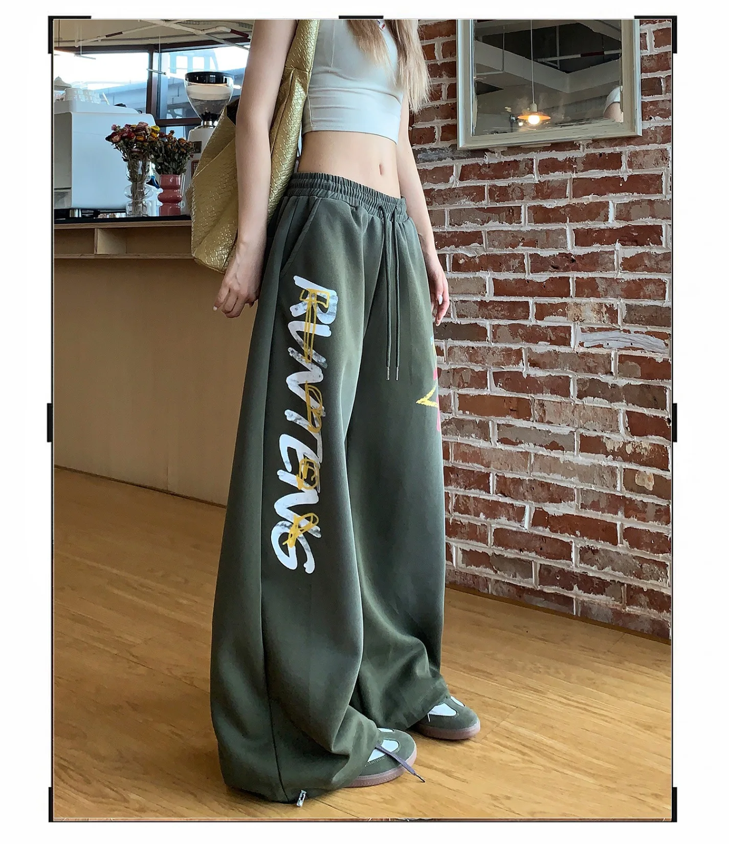 2026 New Vintage Gradient Wash Wide Leg Sweatpants for Women Letter Print Jazz Dance Curved Casual Pants