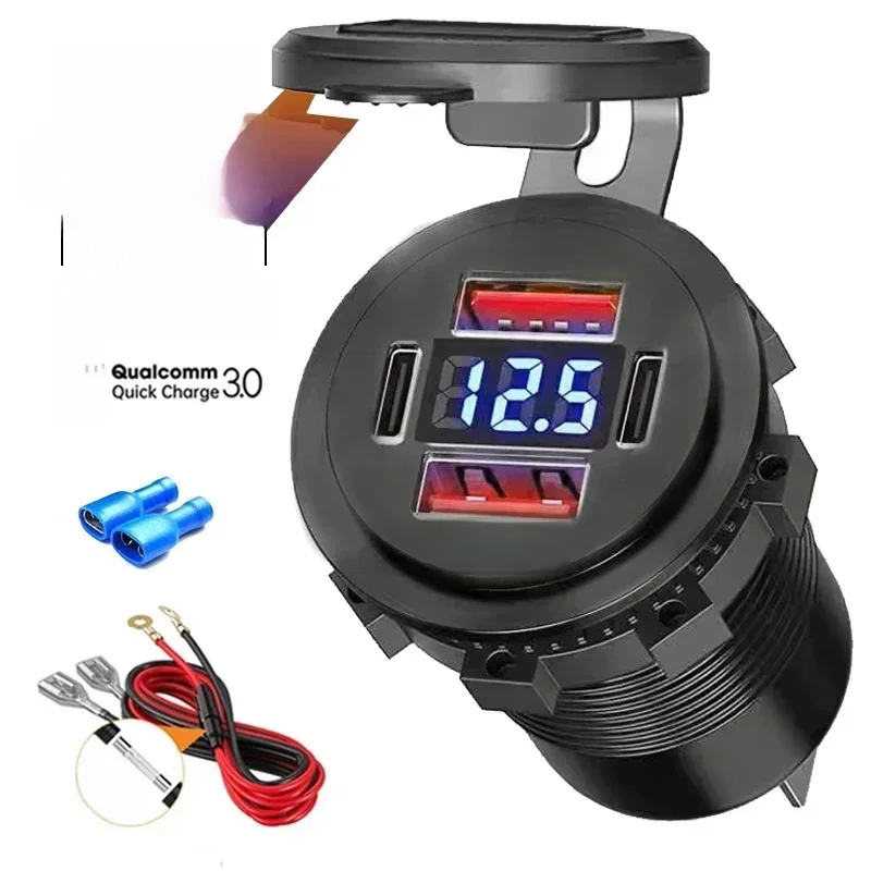 96W Dual PD QC3.0 USB Auto Motobike Oplader met Voltmeter Socket Stopcontact Adapter Waterdicht voor 12V/24V Auto Boot Vrachtwagen Moto - afbeelding 2