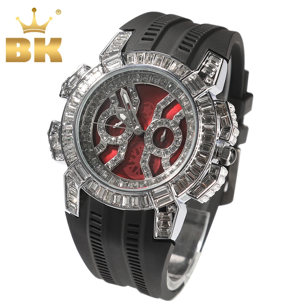 THE BLING KING Big Dail Men's Watch With White Blue Black Silicone Belt Iced Out Square Rhinstone uxury Wrist Watch