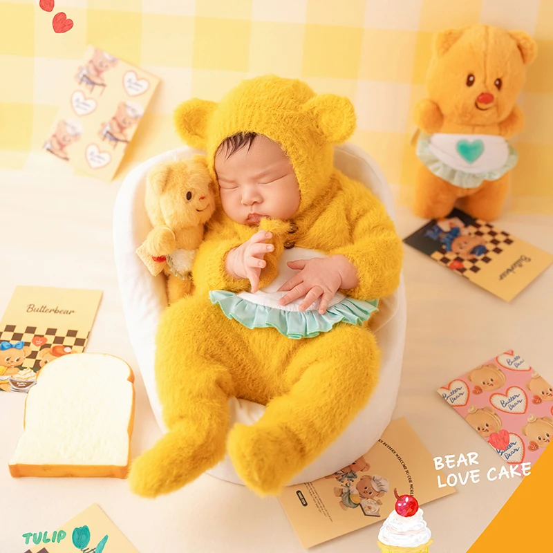 الوليد التصوير المشهد الدعائم الطفل بذلة + قبعة الدب الدمى استوديو 0-1 شهر الطفل لطيف الأصفر الدب صور موضوع الدعامة الملحقات