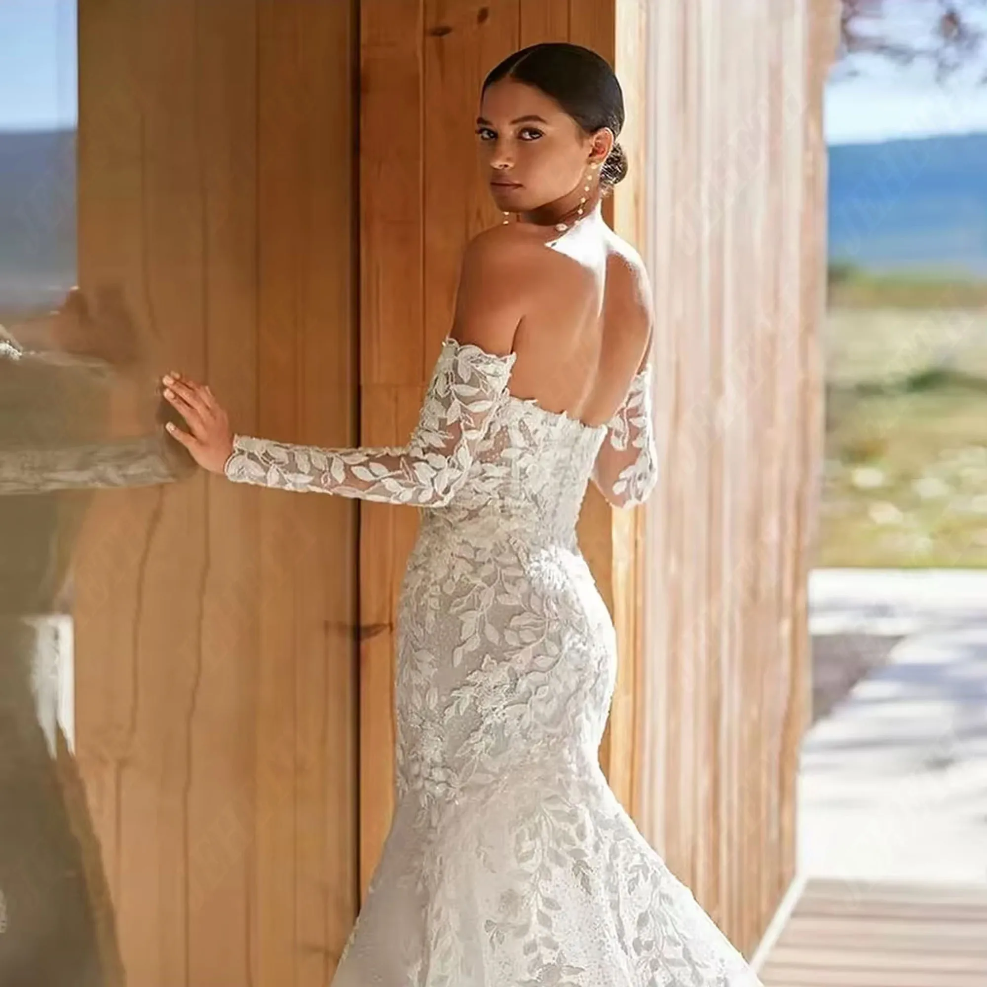 JEHETH Elegant Lace Appliques Mermaid Wedding Dresses Tulle Detachable Long Sleeves V-Neck Wedding Party Gown Customized