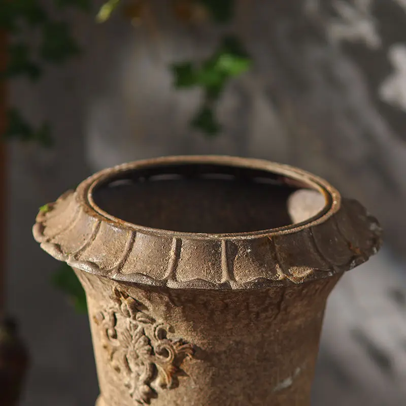 Vintage English Garden Pedestal Urn Planter, Rustic European Iron Flower Pot, Classical Estate Decorative Vase, Farmhouse Patio