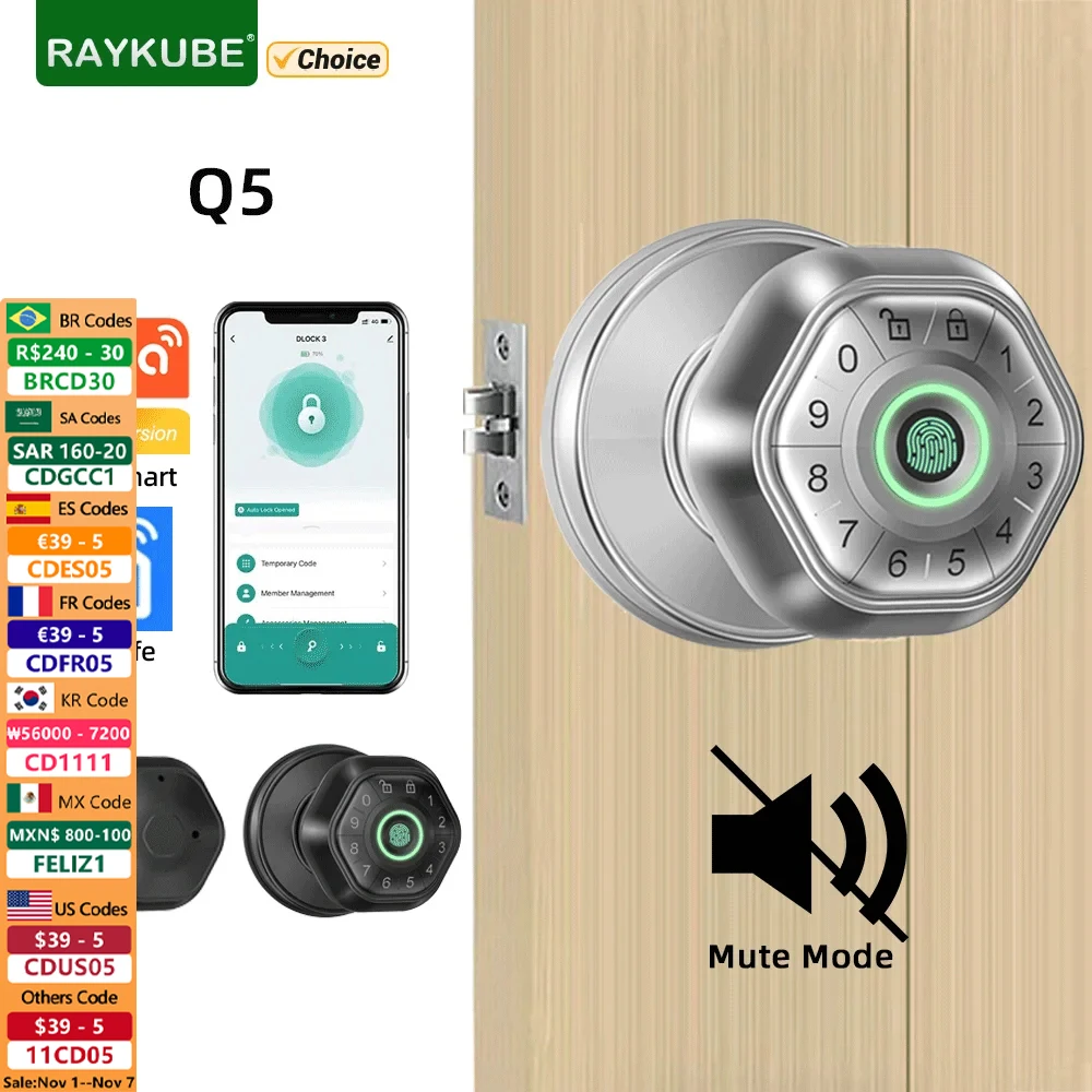 

RAYKUBE Q5 Tuya BLE Smart Fingerprint Door Lock Electronic Lock with Password/Key/Smartlife/Tuya APP Unlock For Bedroom