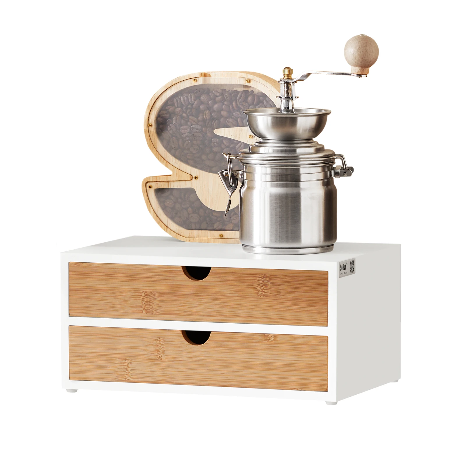 SoBuy ® Caja de cápsulas de café FRG180-WN hecha de MDF y dispensador de cápsulas de bambú soporte para cápsulas con caja de almacenamiento de 2 cajones