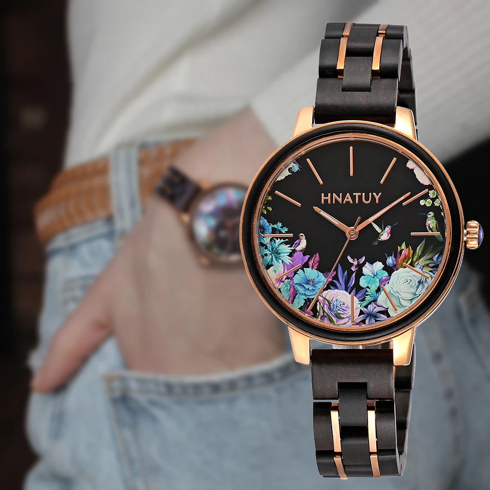 

HNATUY Women Wooden Strap Quartz Watch Ladies Luxury Brand Watches Female Watch Fashion Girl Clock Watch Anniversary Gift BOX