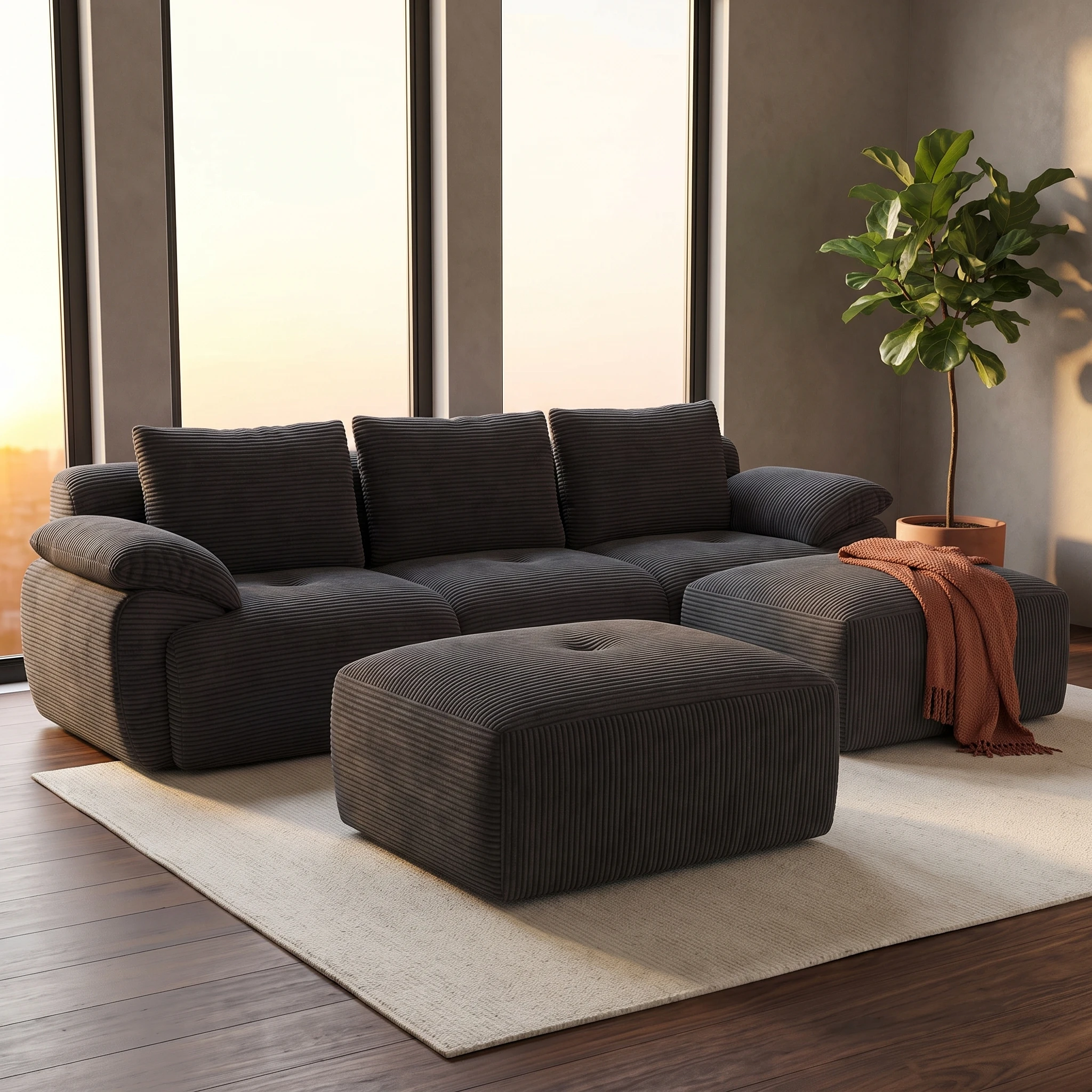 Divano angolare modulare a forma di L, rivestito in tessuto a coste, senza telaio, con funzione letto, divano angolare con chaise longue, 3 cuscini per la schiena e 4 cuscini per i sedili, colore
