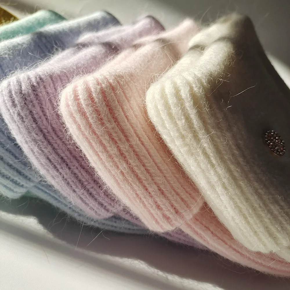 Czapki zimowe damskie z futra królika czapka typu Beanie damskie czapki z dzianiny solidna wełna miękkie jesienno-zimowe kaszmirowe czapki — zdjęcie 2