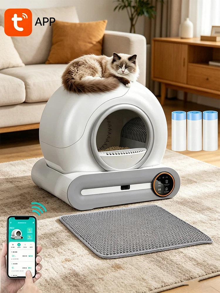 Intelligente Selbstreinigende Katzentoilette 65L Große Kapazität Automatische Katzentoilette WiFi Tuya APP-Steuerung Halbgeschlossene Sicherheits-Geruchskontrolle Katzentoilette mit Streumatte & 3