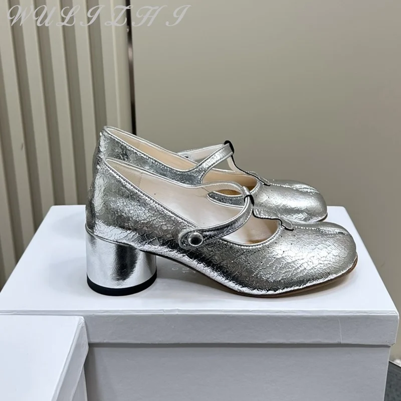 Zapatos de tacón alto con punta dividida para mujer, calzado de diseñador de cuero genuino, estilo Retro Mary Jane, para fiesta, novedad de 2024