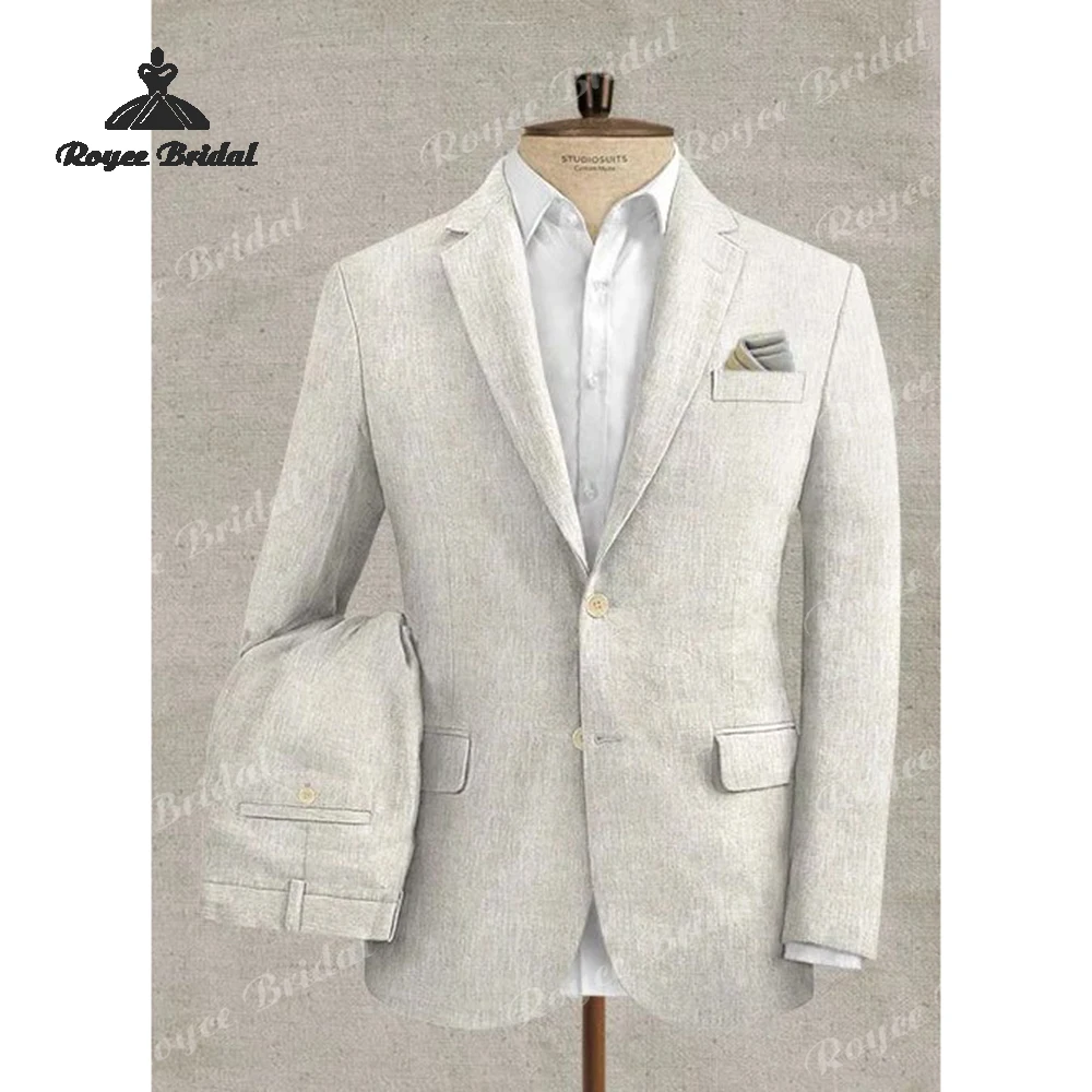 Two Piece Peak Lapel Single Breasted Wedding Men's Suit 2026 Beige Linen Wedding Party Suits costume homme mariage
