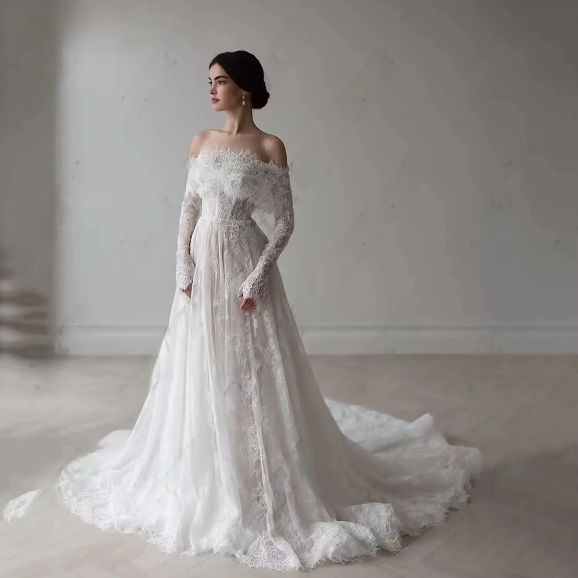 JEHETH Lvory Lace 2025, neue Brautkleider, schulterfrei, volle Ärmel, Brautkleider, Damen, Sweep-Zug, Brautkleider, individuell gestaltet JEHETH Lvory Spitze 2025 Neue Brautkleider Off The Schulter