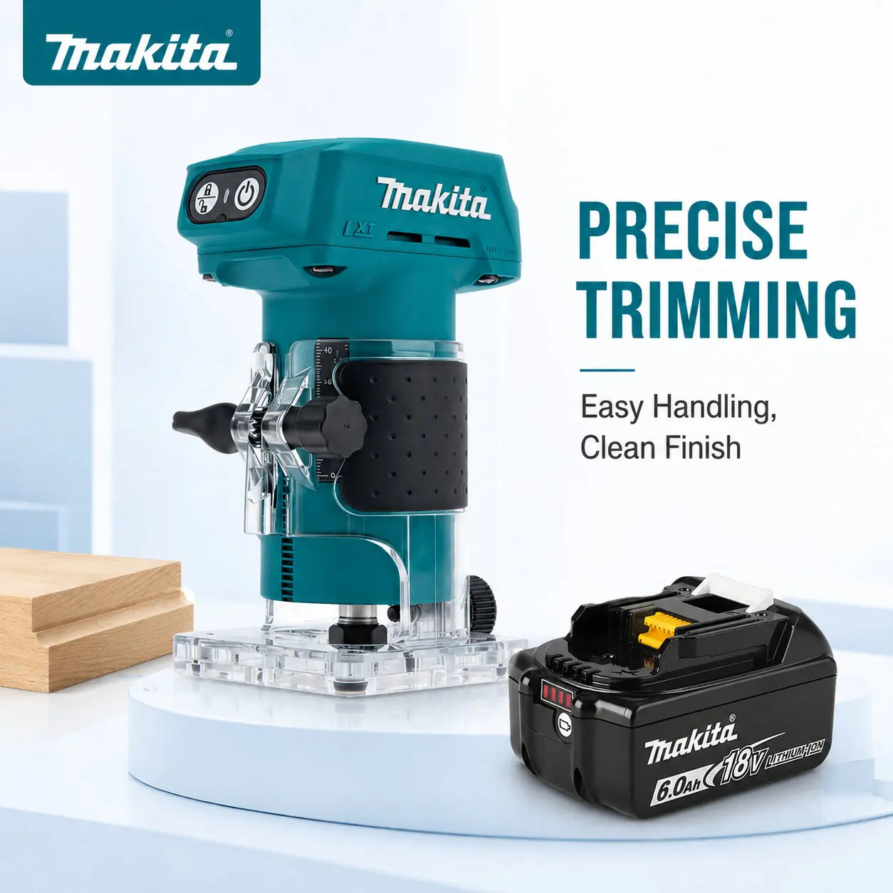 Routeur sans fil compact Makita DRT52 18V LXT, outil électrique polyvalent pour le fraisage manuel, idéal pour la finition détaillée des bords, le creusement de rainures, le formage de fentes, la production de meubles sur mesure et les travaux de rénovation et de décoration intérieure.