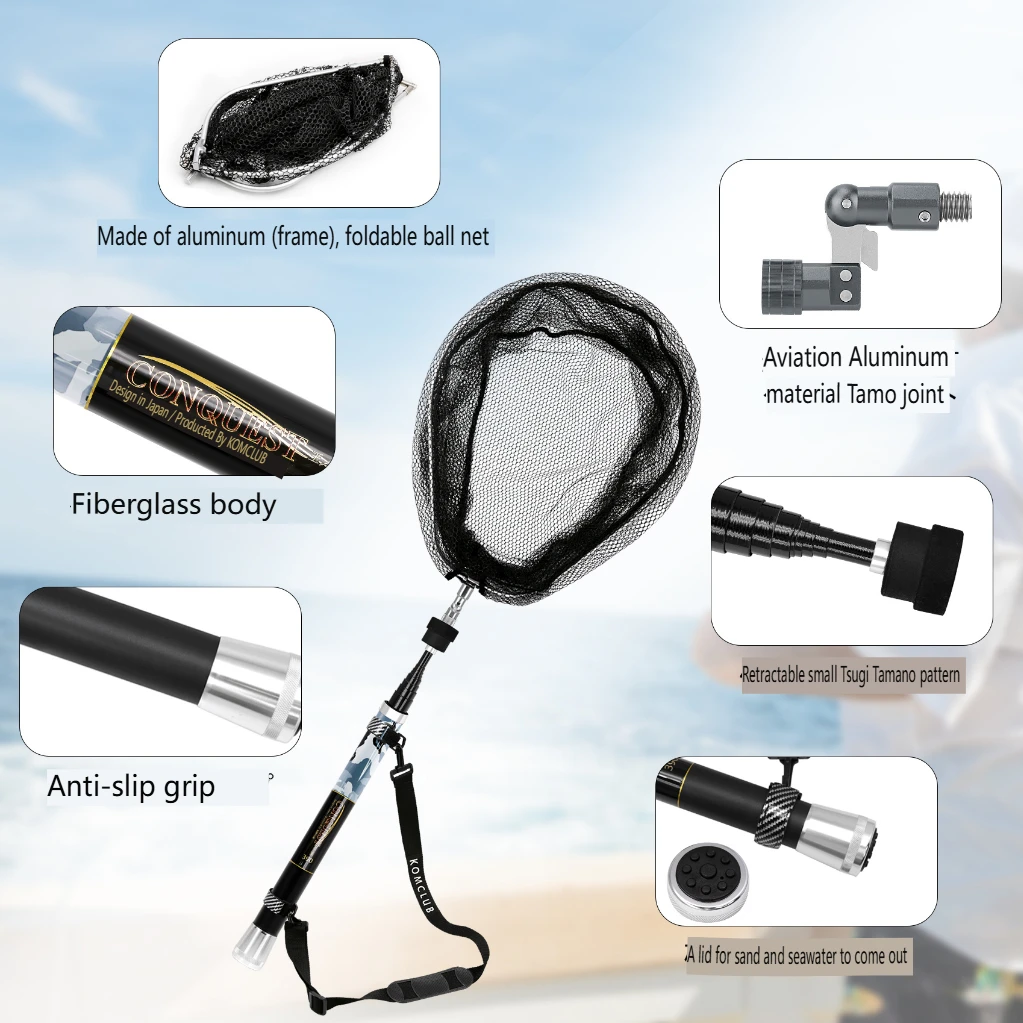 SANLIKE Fishing Net Fibreglass Handle Pole Portable Telescopic Collapsible Landing Net Pole with Adaptor Fishing Gear Tools