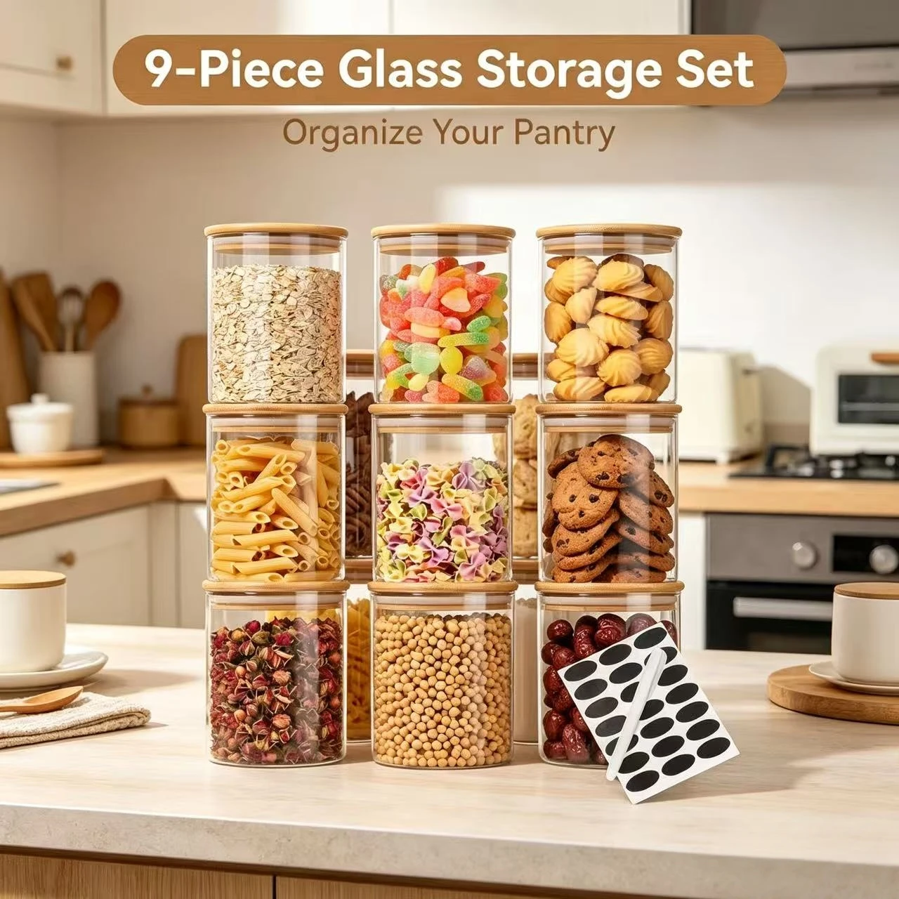 9 Pieces Clear Glass Storage Canisters with Bamboo Airtight Lids, Stackable Dry Food Jars with Labels, Kitchen Pantry Organizer Containers for Pasta Cereal Spices Cookies