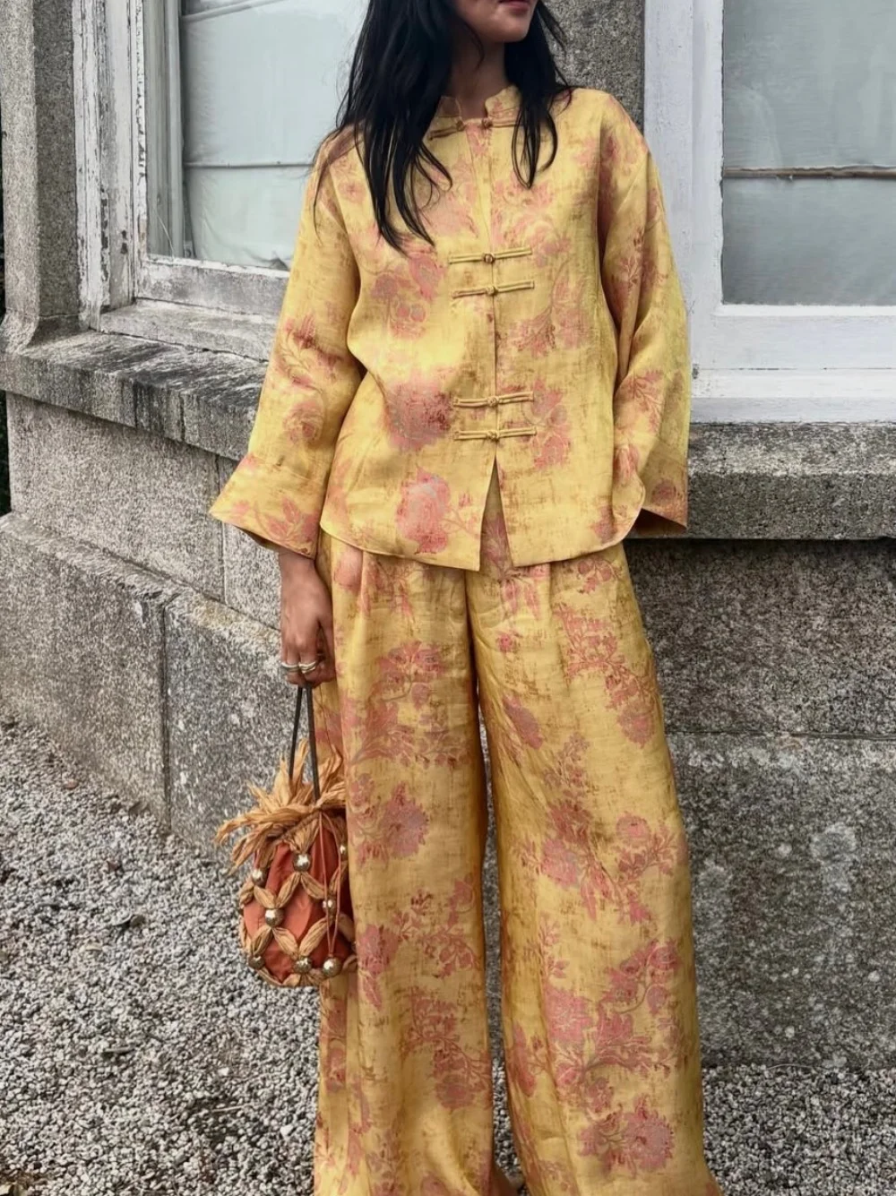 Conjunto de Pantalones y Blusa de Satén Jacquard Estilo Chino para Mujer, Cuello Alto, Manga Larga, Pantalones Largos de Pierna Ancha, Estilo Boho Vintage