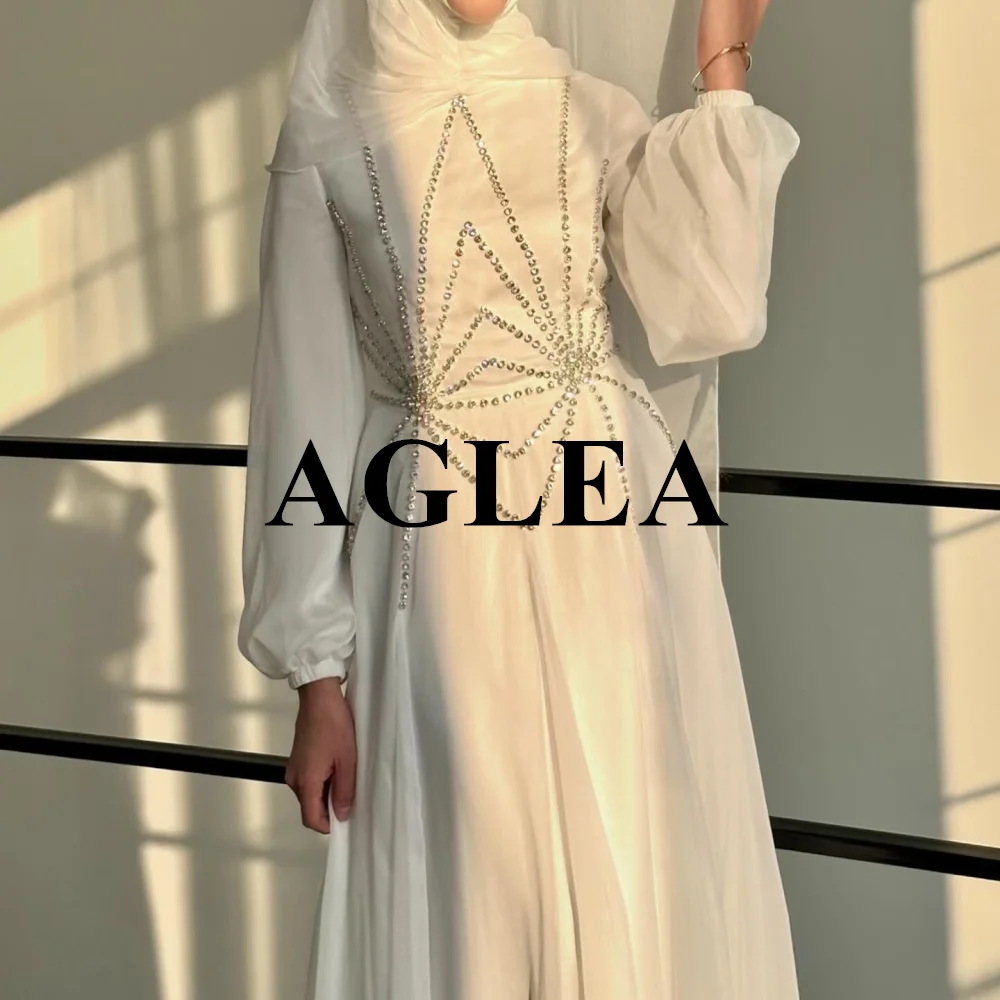 AGLEA-vestido de graduación blanco de Arabia Saudita, traje sencillo de cuello alto hasta el suelo, de gasa con diamantes de imitación, personalizado, 2024