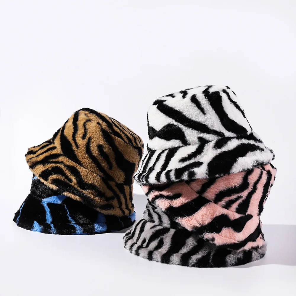 Faux Fur Zebra Print Bucket Hat women Autumn winter Leopard print fisherman hat girl Versatile stripes caps панама женская버킷햇