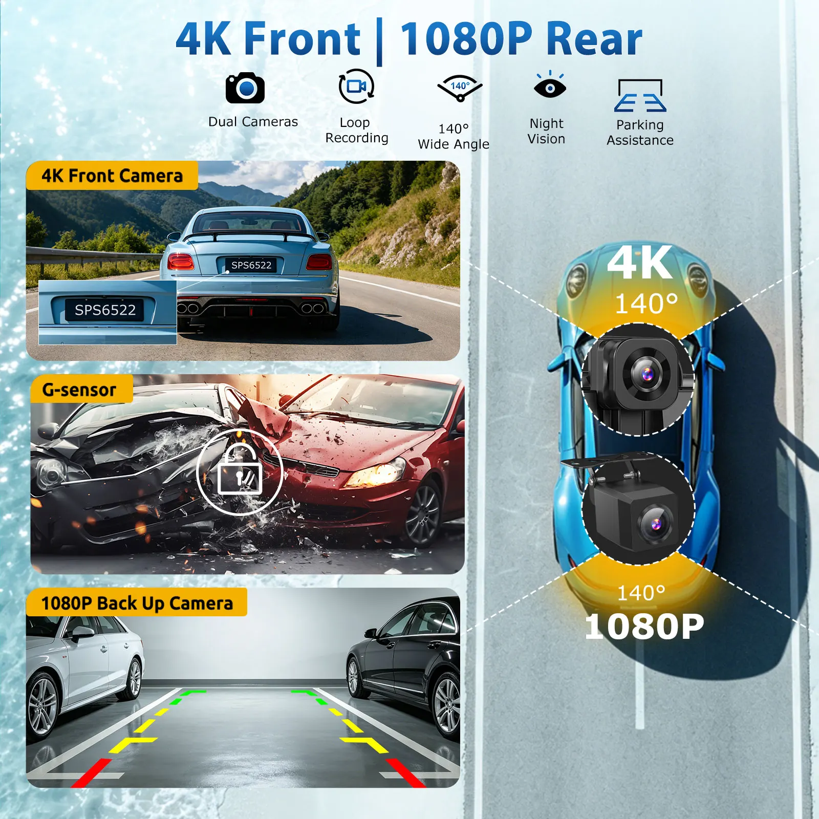 ESSGOO 11.3" 4K+1080P Carplay Android Auto portátil universal doble cámara salpicadero y cámara marcha atrás visión nocturna CarPlay inalámbrico WiFi GPS Navegación grabador vídeo FM Bluetooth 5.3 AUX Mirror Link Para