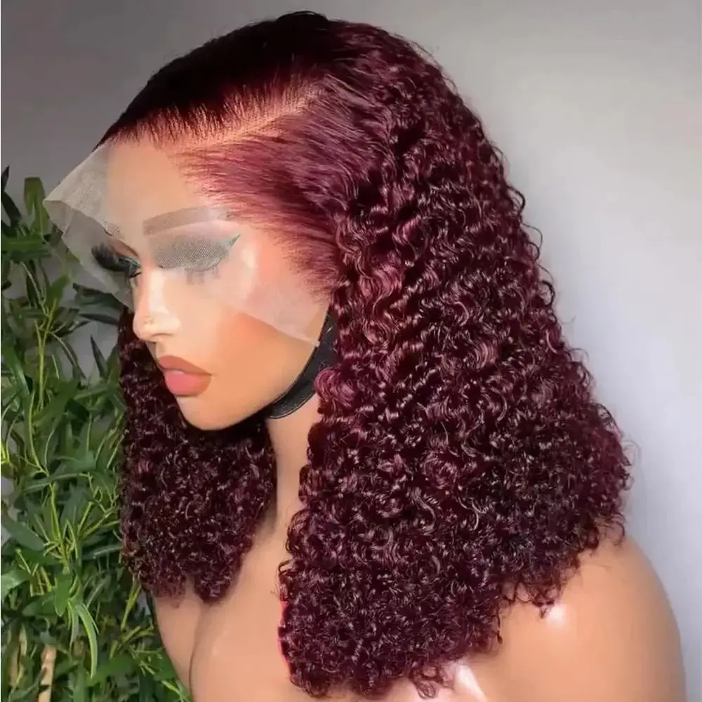 

99J Burgundy Curly Bob Wig 13x4 Lace Frontal Deep Wave Wig For Women Transparent Red Colored Human Hair Short Bob Wig Preplucked