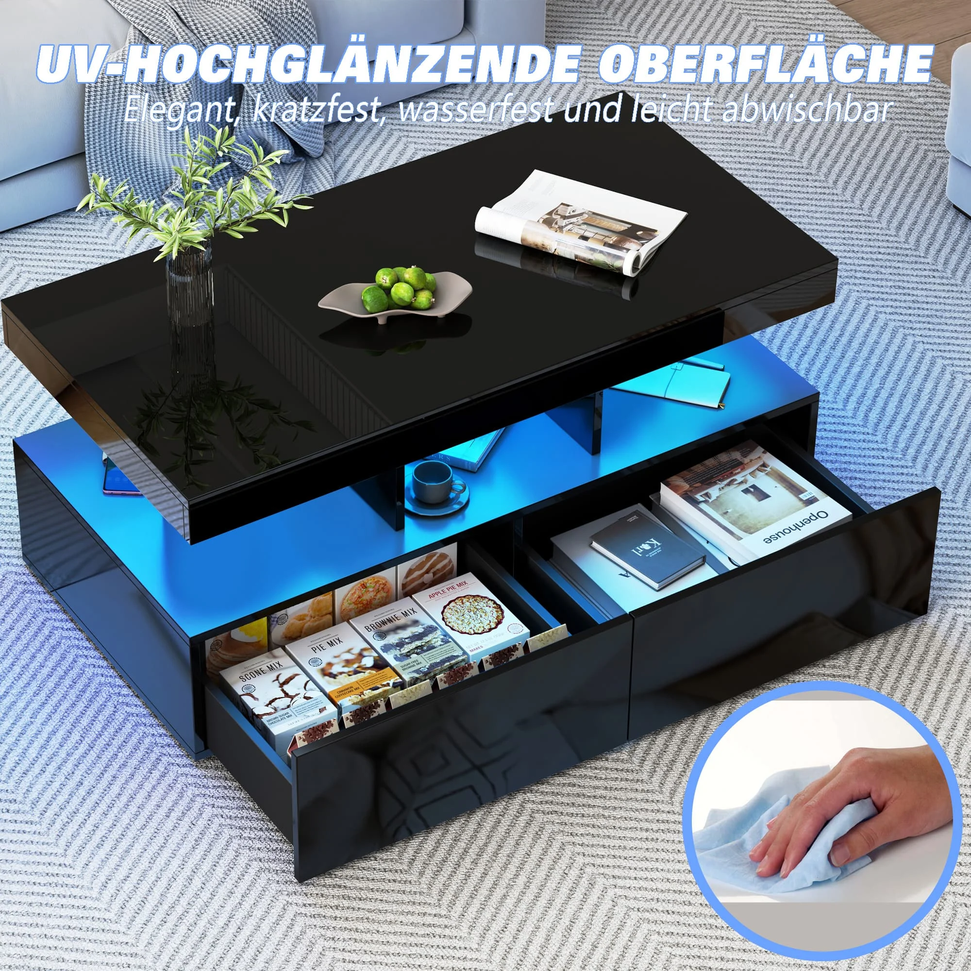 High Gloss coffee table, side table Black with LED and 2 Drawers, Modern Sofa Table with Open Shelf, 104x53x46cm