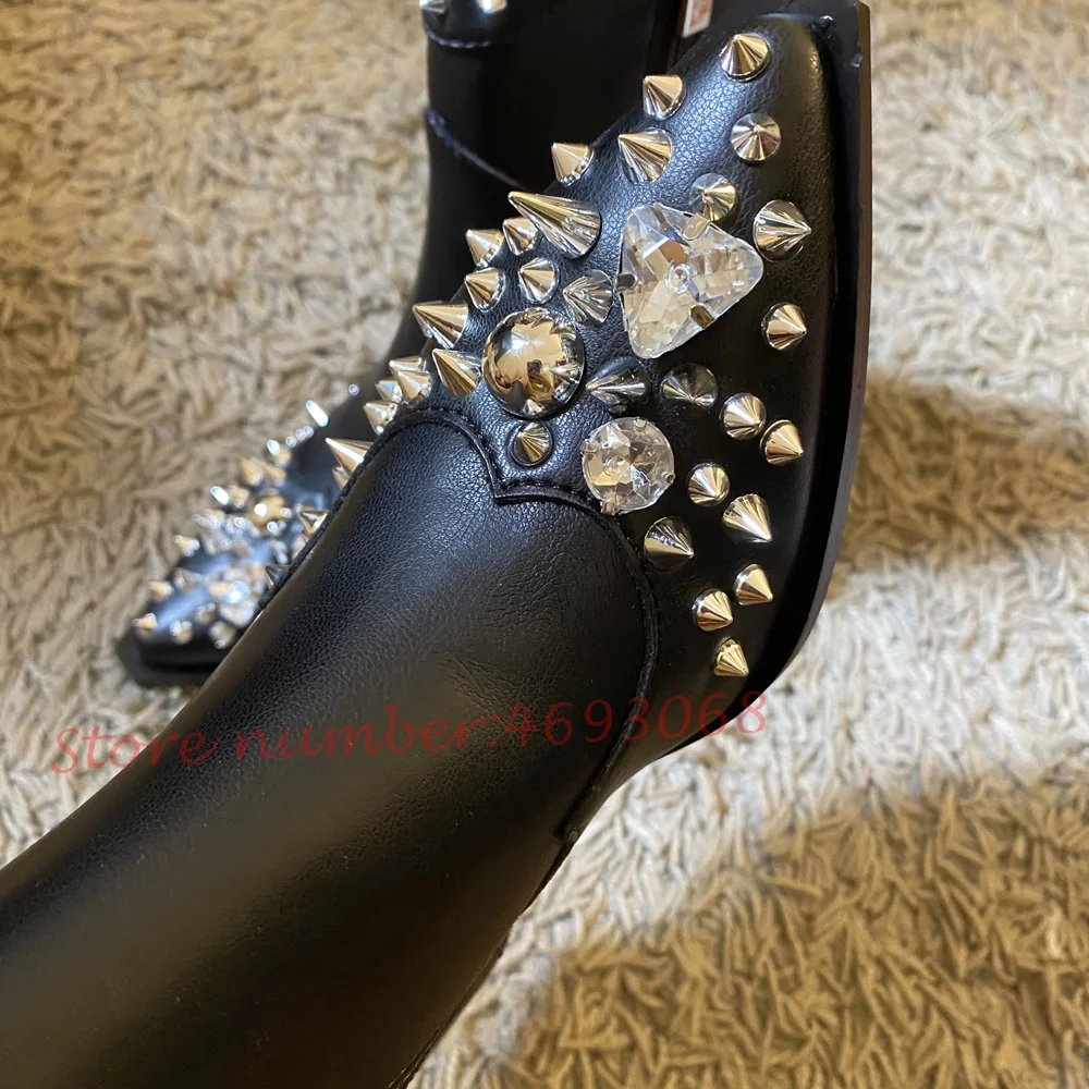 Rivetti di cristallo stivali Chelsea neri da donna gemme Appliques stivaletti di lusso tendenze femminili Splicing in pelle scarpe da sera a punta