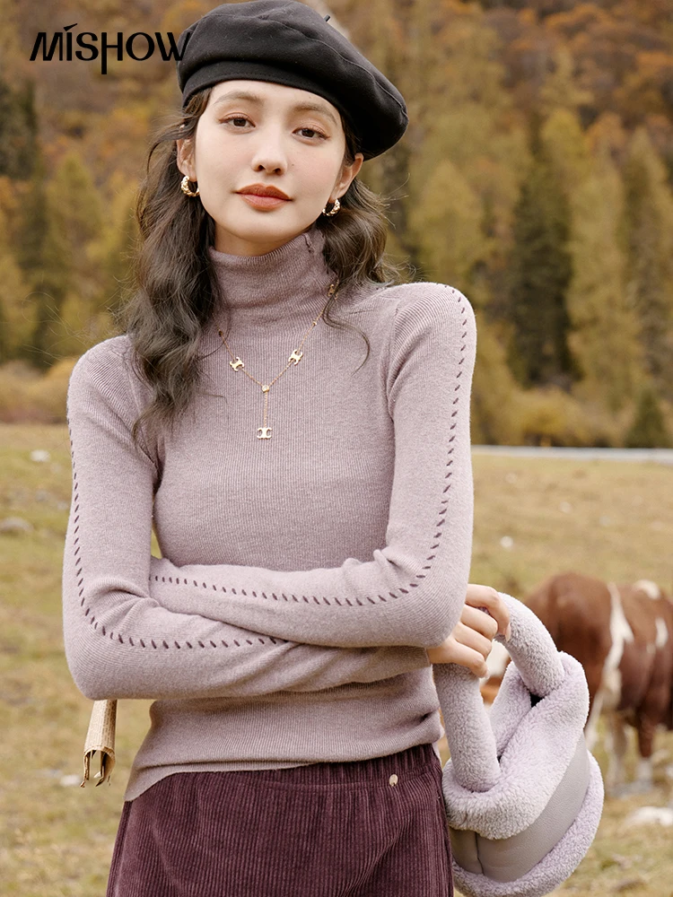 MISHOW Knit Bottoming Shirt Autumn Winter Turtleneck Sweater Female Vintage Pullover Knitwear Contrast Color Top MXC51Z0223