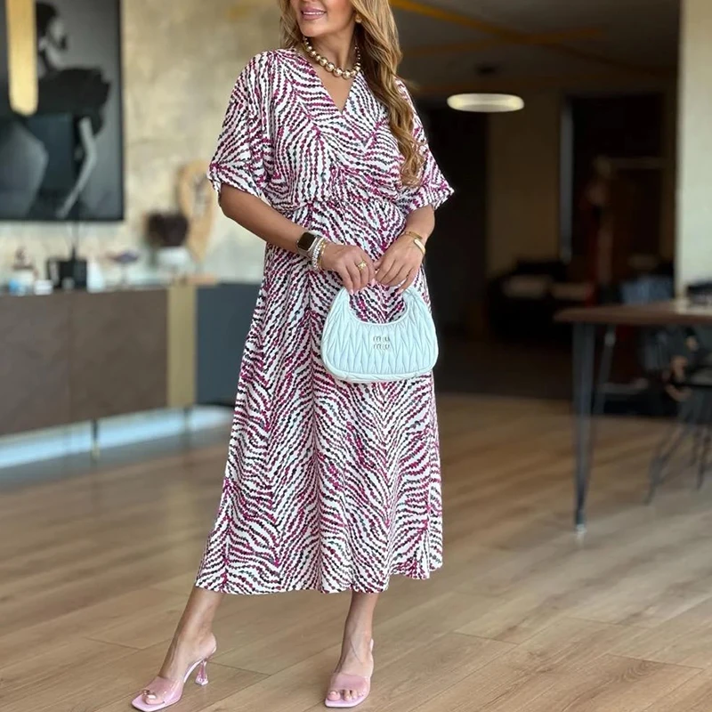 Abito estivo da donna con stampa Moda scollo a V Manica corta Vita alta Abiti da festa larghi per le donne Abito da vacanza al mare Boho Robe