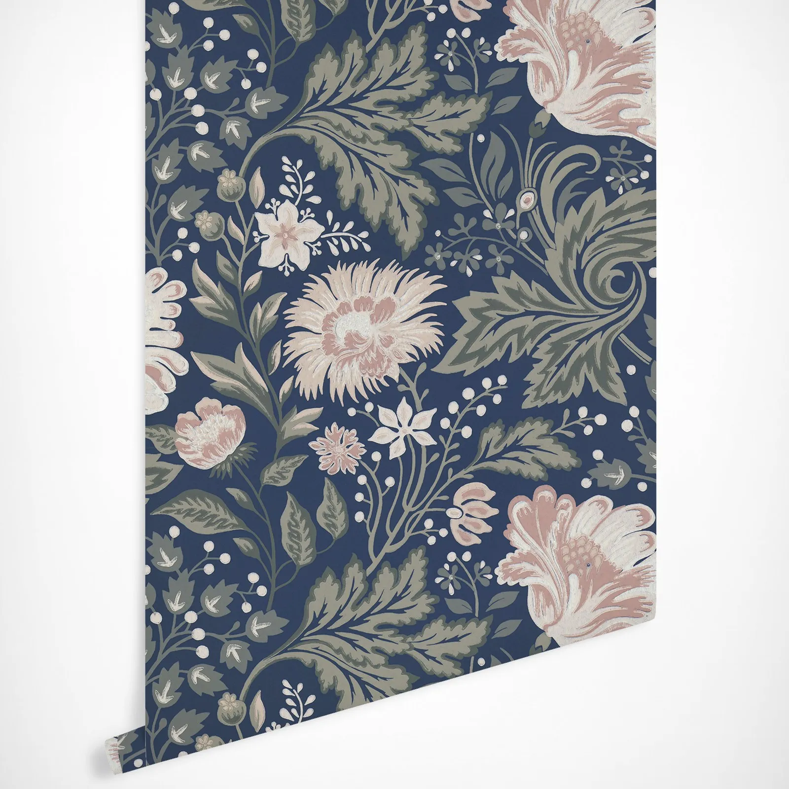 Soft Print Ava Floral wallpaper with Green Leaves in Navy Blue Back, Scandinavian design, removable Wallpaper