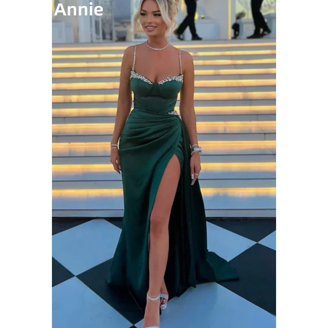 

Annie Beaded Shoulder Strap Prom Dresses Green Crinkled Satin Evening Dresses Slim Fit With Side Slits Party Dresses فساتين سهرة