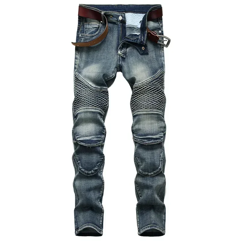 AliExpress New Men's Patchwork Vintage Biker Jeans Hip Hop Slim Straight Elastic Cycling Denim Pants Male