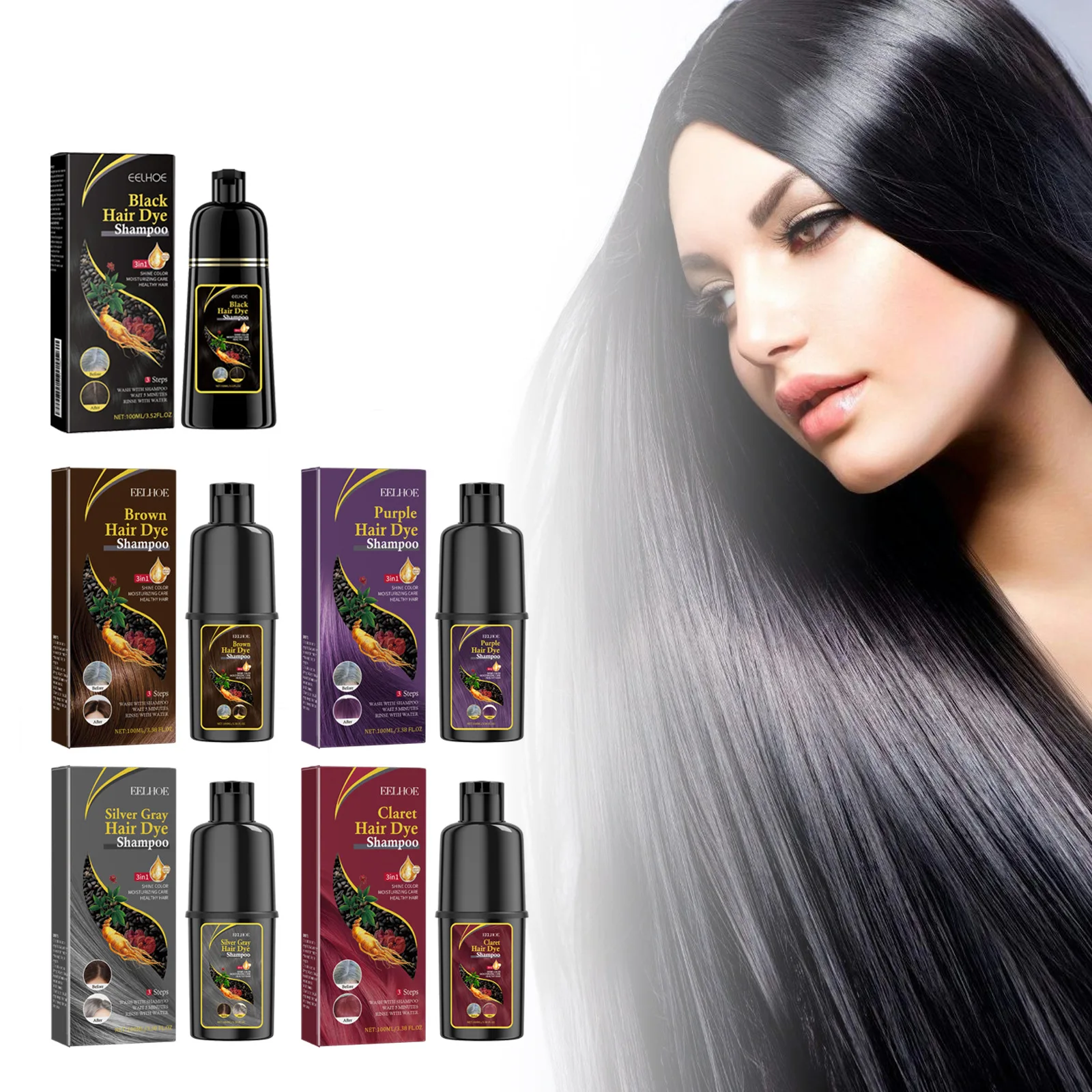 Eelhoe 100ml Hair Dyeing Shampoo 3-In-1 Polygonum Rapid Hair Dye Repair Dry Cleaning Nourishing Restoration Hair Color Shampoo