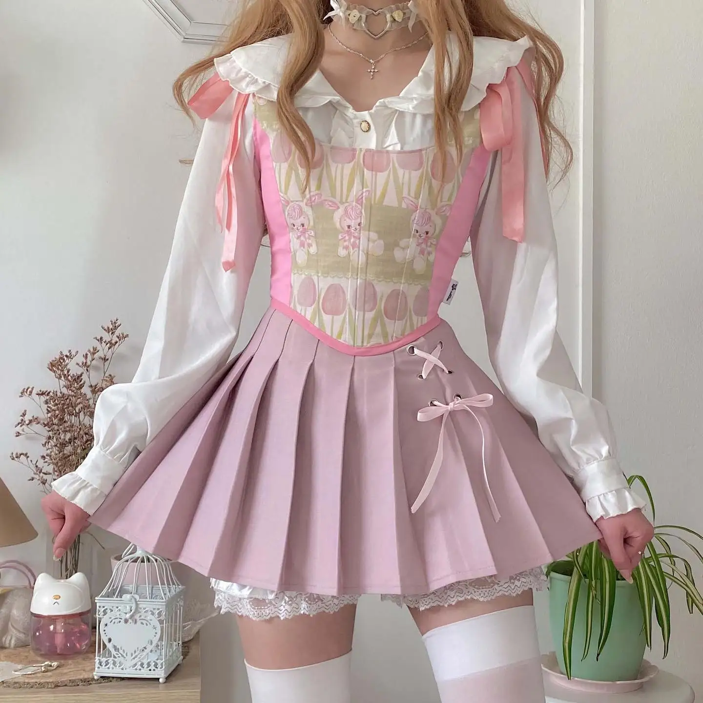 Y2K Pink Tie Bandage Bow Cute Pleated Skirt Ins Hot Girl High Waist A-line Black Short Mini Skirt